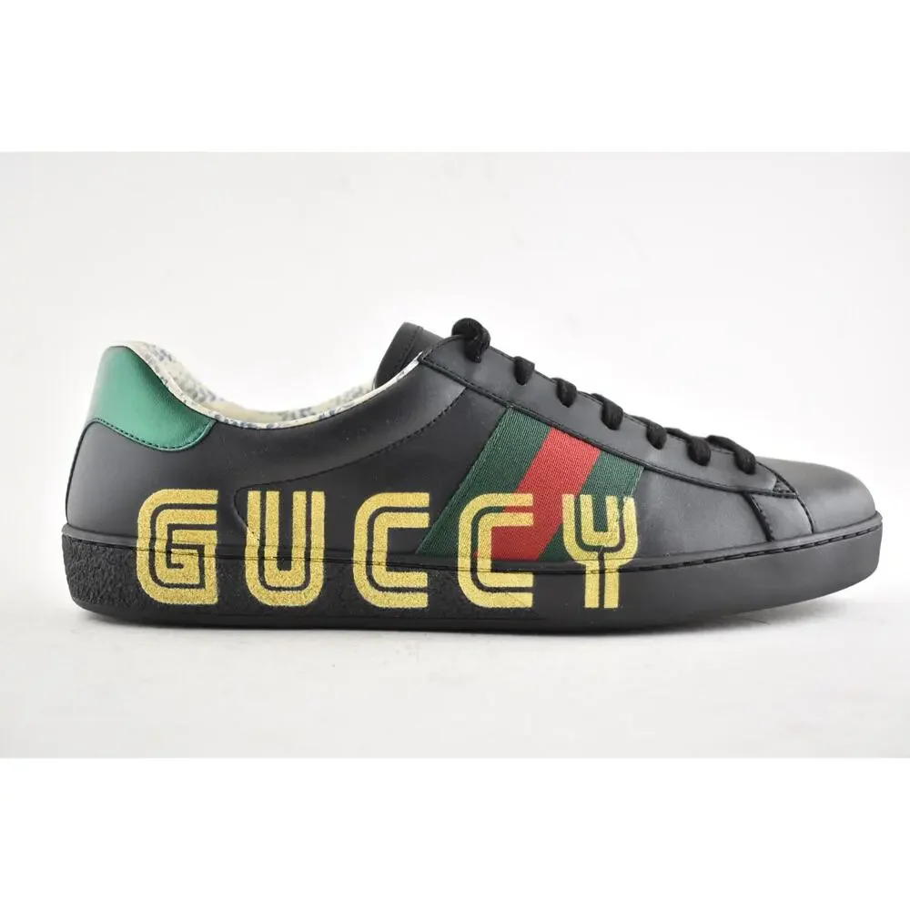 Gucci Mens Black New Ace Guccy Leather Gold Flat Low Top Lace Sneaker G 10 11 - Picture 2 of 12